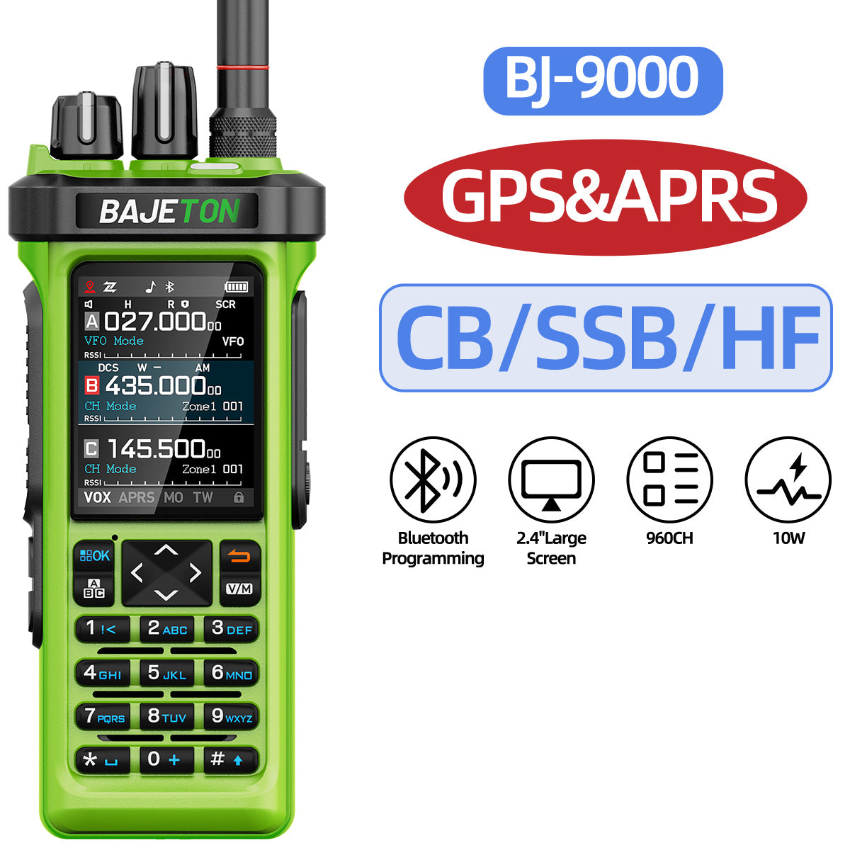 Bajeton BJ-9000 Green (27Mhz TX/RX) Walkie Talkie 10W AM/FM/USB/LSB/CW Receive GPS/APRS Bluetooth Phone Programming NOAA ShortWave Two Way Ham Radio