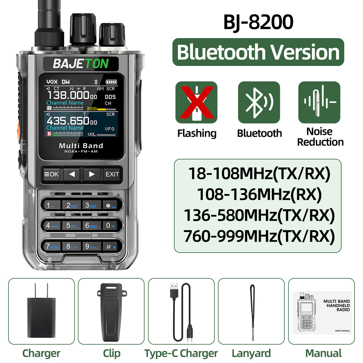 BAJETON BJ-8200 Walkie Talkie Full Band Bluetooth Phone Programming Long Range 10W Tri Power NoAA Noise Reduction Ham Radio