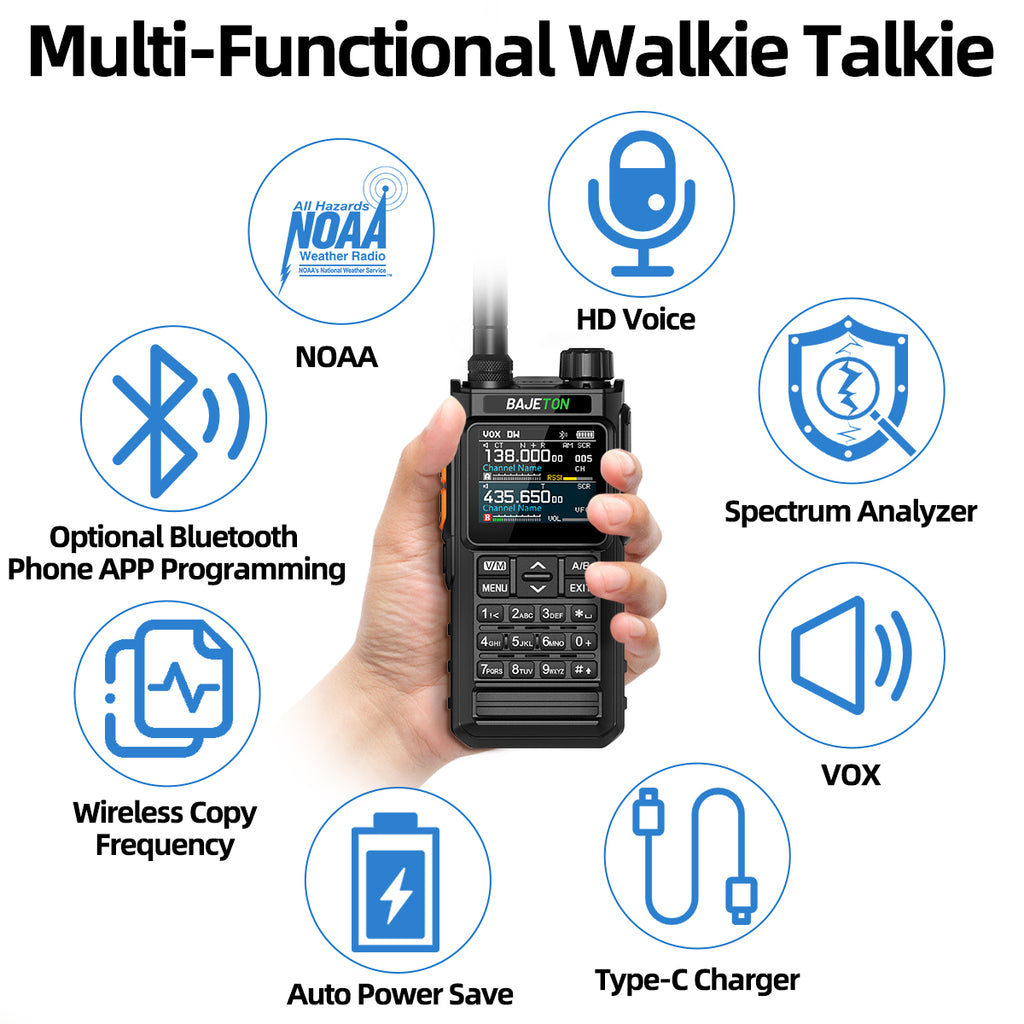 BAJETON BJ7700 Walkie Talkie Multi Band Wireless Bluetooth Phone Programming Noise Reduction AM FM Ham Radio For Camping BJ8200