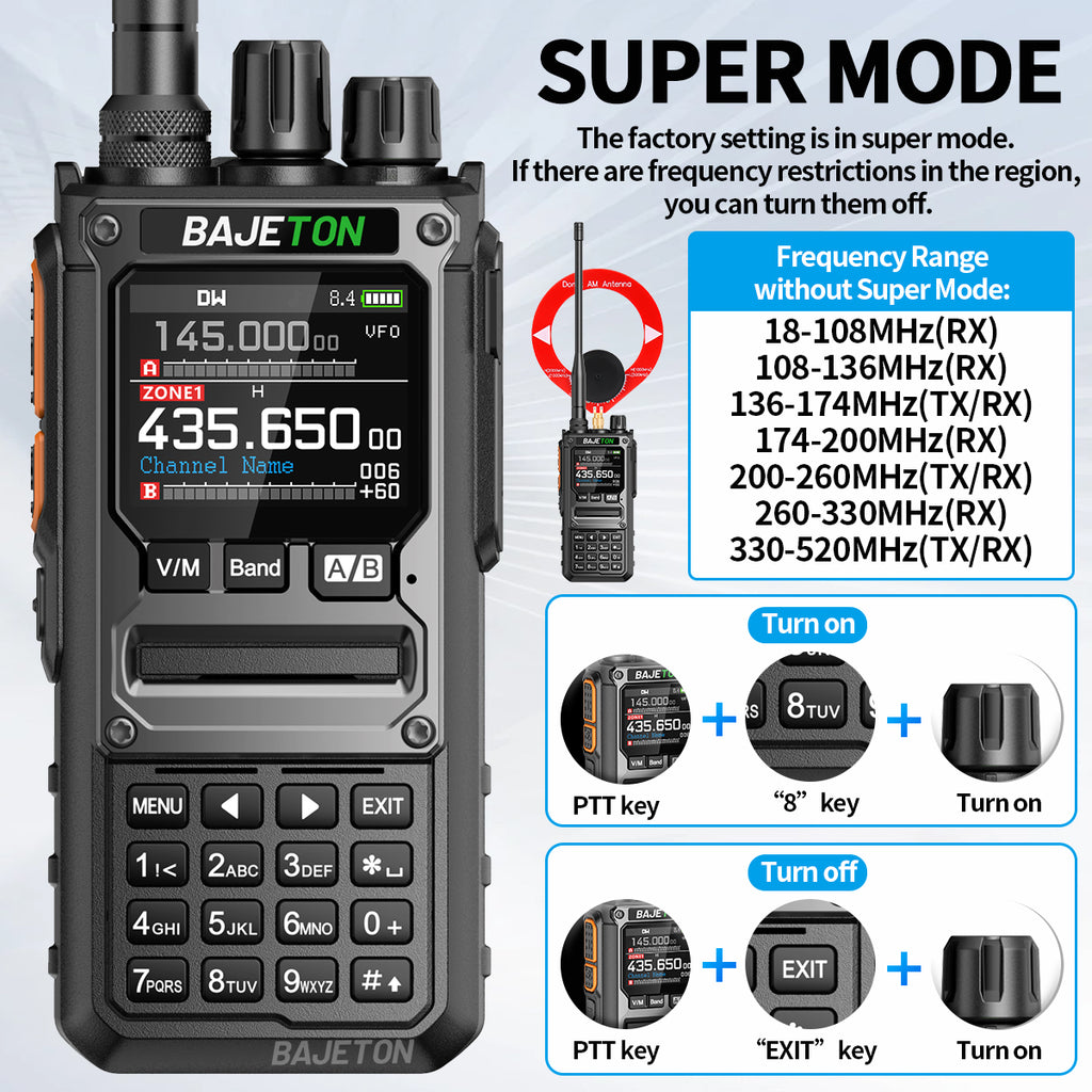 BAJETON BJ-7800 Walkie Talkie Long Range SW MW LW AM SSB CB 10W Receive Wireless Bluetooth Phone Programming NOAA Two Way Radio