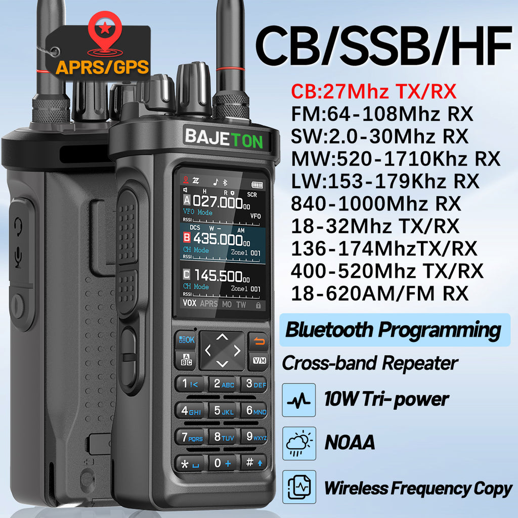 Bajeton BJ-9000 10W Ham Radio Walkie Talkie – 27MHz(RX/TX), AM/FM/USB/LSB/CW, GPS, APRS, Bluetooth, NOAA Weather Radio, Shortwave