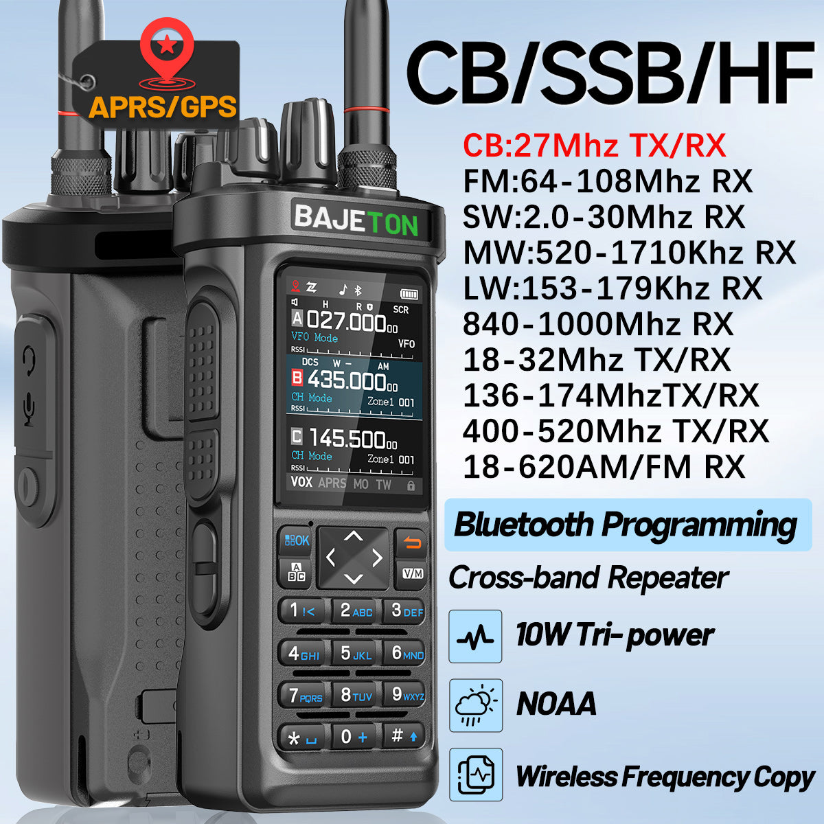 Bajeton BJ-9000 10W Ham Radio Walkie Talkie – 27MHz(RX/TX), AM/FM/USB/LSB/CW, GPS, APRS, Bluetooth, NOAA Weather Radio, Shortwave