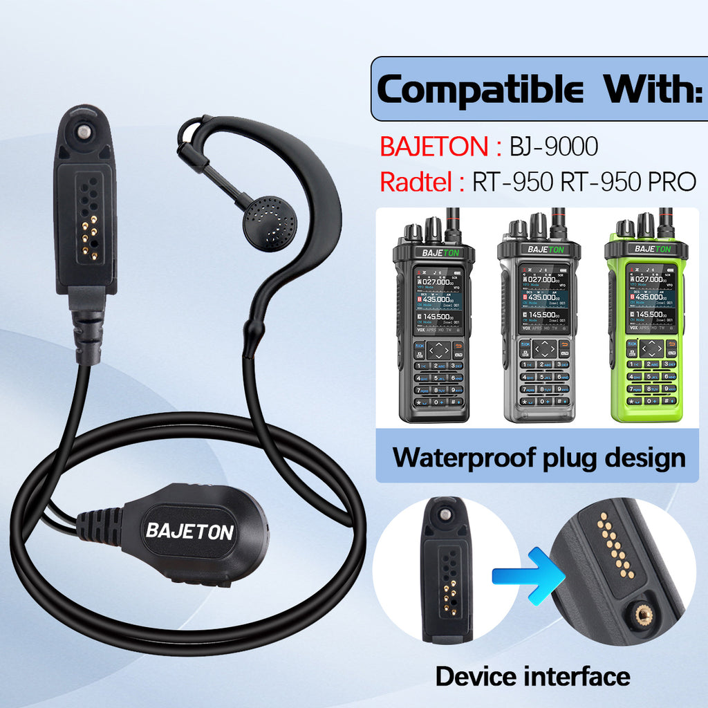 BAJETON Walkie Talkie Headphone Large PTT Button Mic Earpiece Headset Waterproof Plug Design For BJ-9000 RT-950 RT-950PRO Radio