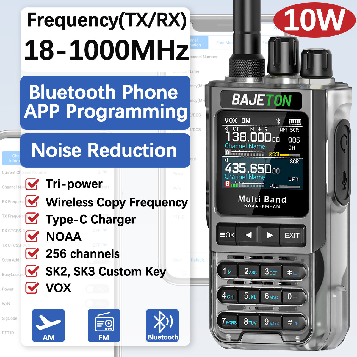 BAJETON BJ-8200 Walkie Talkie Full Band Bluetooth Phone Programming Long Range 10W Tri Power NoAA Noise Reduction Ham Radio