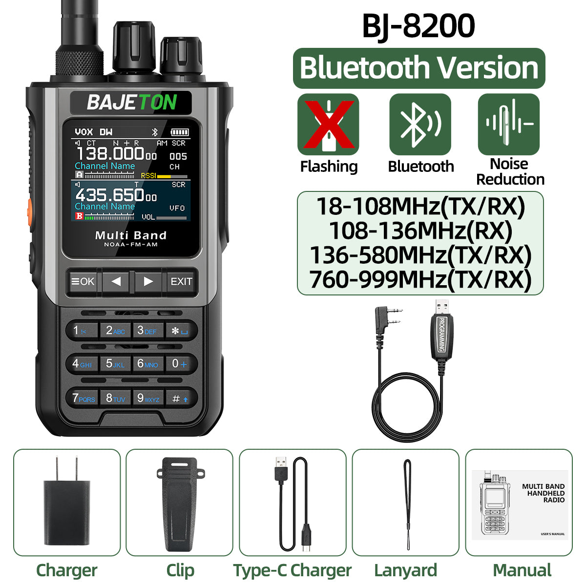BAJETON BJ8200 Walkie Talkie Long Range Wireless Bluetooth Programming Type-c Flashlight Noise Reduction CB SW AM Ham Radio