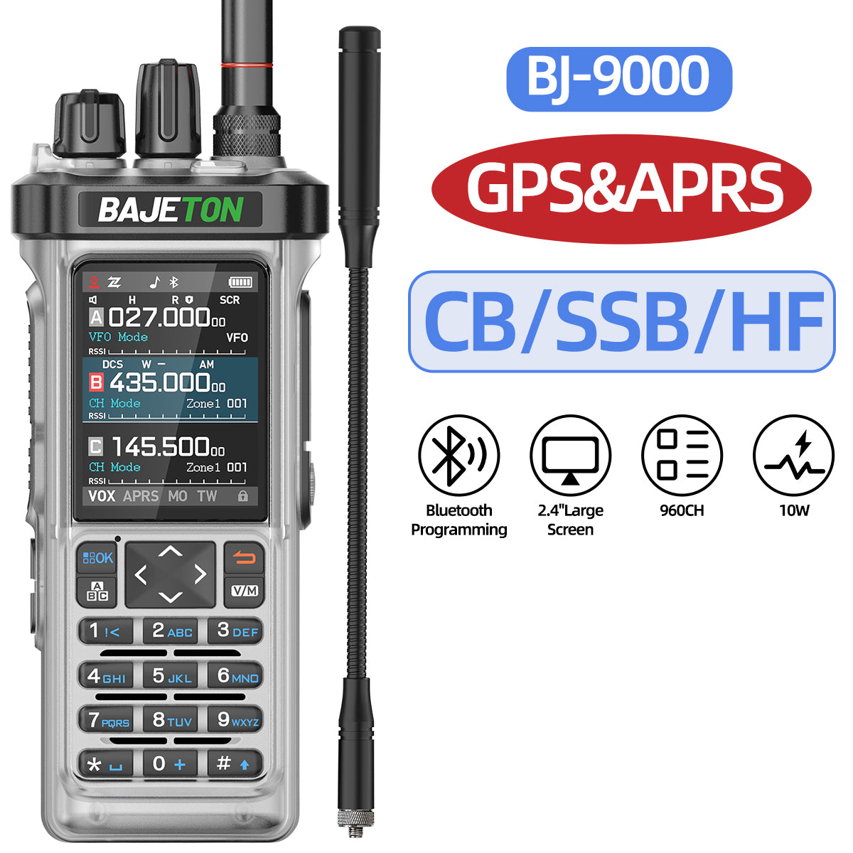 BAJETON BJ-9000(Transparent) GPS APRS Walkie Talkie 10W CB 27Mhz CB/SSB/HF Bluetooth Programming NOAA ShortWave For RT-950PRO RT-950 Radio