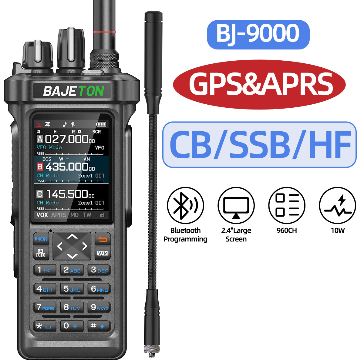 Bajeton BJ-9000 10W Ham Radio Walkie Talkie – 27MHz(RX/TX), AM/FM/USB/LSB/CW, GPS, APRS, Bluetooth, NOAA Weather Radio, Shortwave