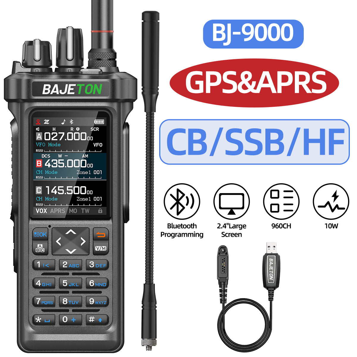 Bajeton BJ-9000 10W Ham Radio Walkie Talkie – 27MHz(RX/TX), AM/FM/USB/LSB/CW, GPS, APRS, Bluetooth, NOAA Weather Radio, Shortwave