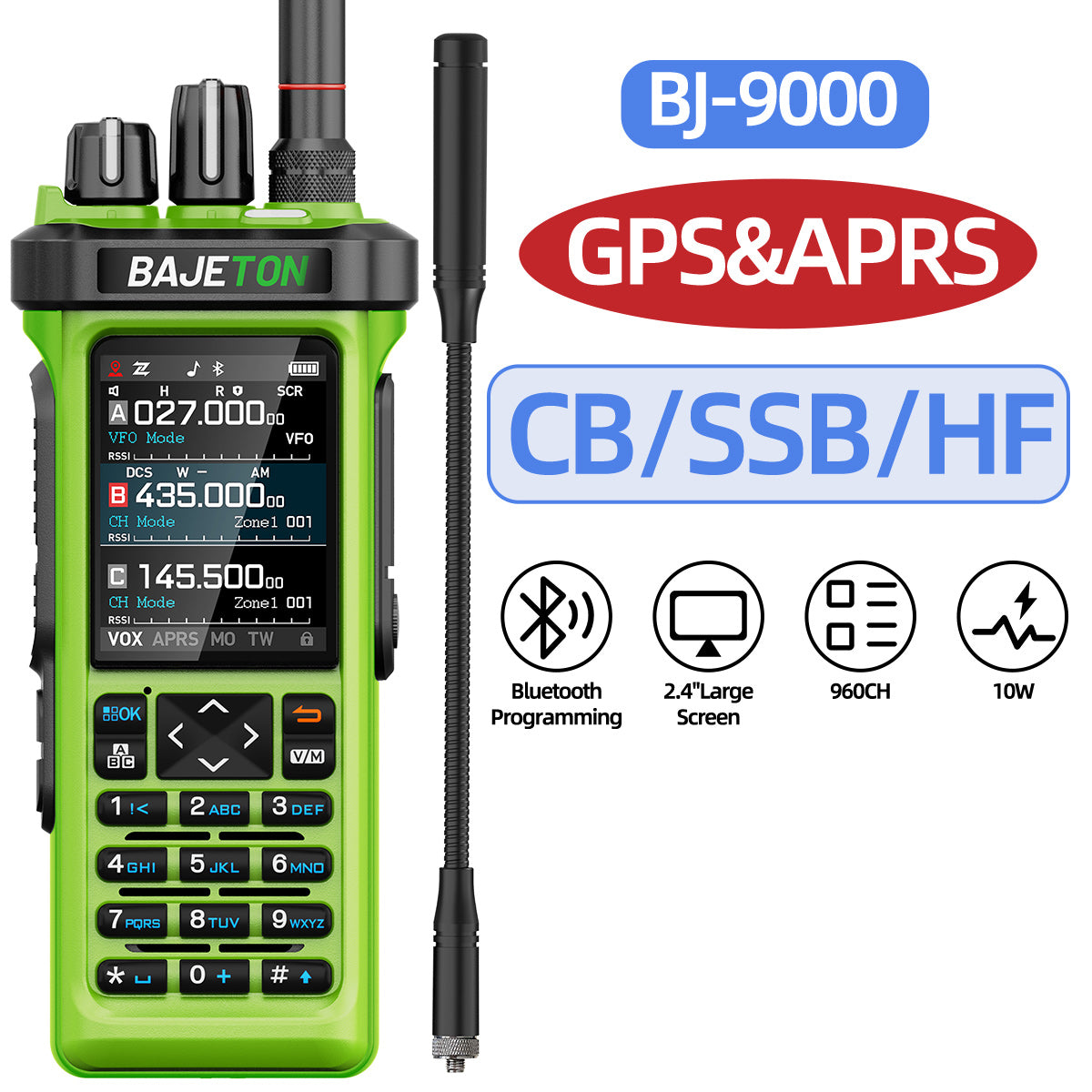 Bajeton BJ-9000 Green (27Mhz TX/RX) Walkie Talkie 10W AM/FM/USB/LSB/CW Receive GPS/APRS Bluetooth Phone Programming NOAA ShortWave Two Way Ham Radio