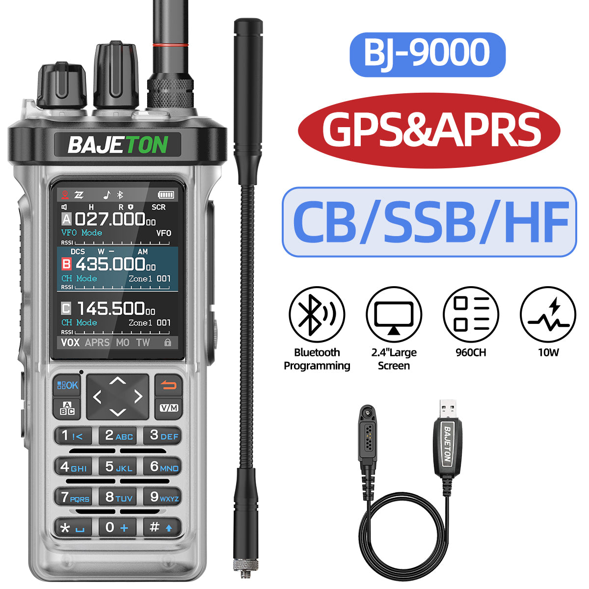 BAJETON BJ-9000(Transparent) GPS APRS Walkie Talkie 10W CB 27Mhz CB/SSB/HF Bluetooth Programming NOAA ShortWave For RT-950PRO RT-950 Radio