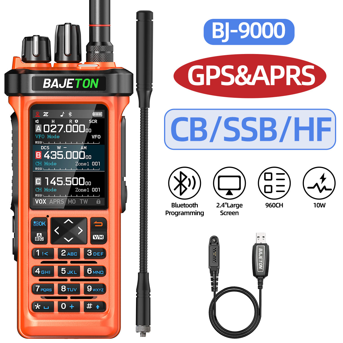 BAJETON BJ-9000(Orange) Walkie Talkie CB/SSB/RX/HF Receiver with GPS APRS 10W Bluetooth Phone Programming Same RT-950 PRO RT -950 Radio