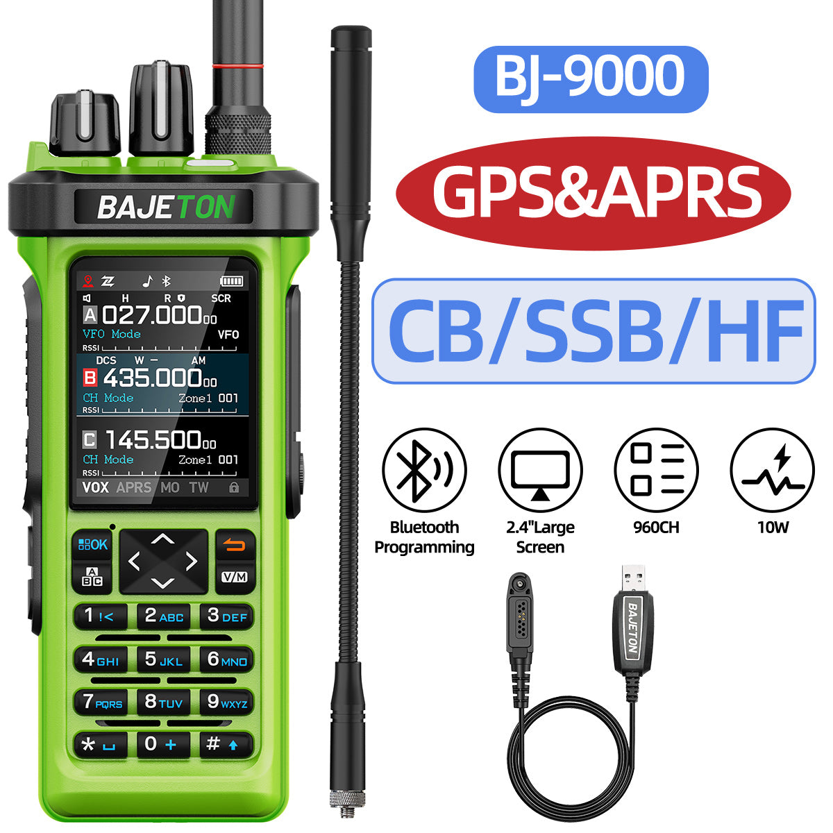 Bajeton BJ-9000 Green (27Mhz TX/RX) Walkie Talkie 10W AM/FM/USB/LSB/CW Receive GPS/APRS Bluetooth Phone Programming NOAA ShortWave Two Way Ham Radio