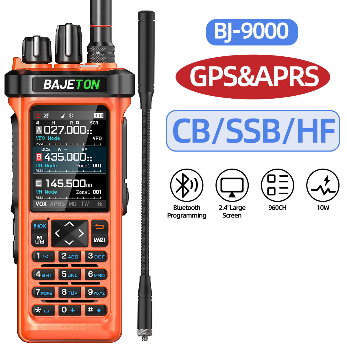 BAJETON BJ-9000(Orange) Walkie Talkie CB/SSB/RX/HF Receiver with GPS APRS 10W Bluetooth Phone Programming Same RT-950 PRO RT -950 Radio