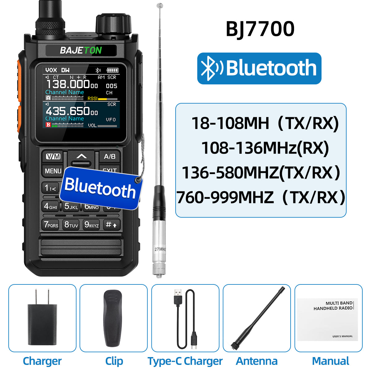 BAJETON BJ7700 Walkie Talkie Multi Band Wireless Bluetooth Phone Programming Noise Reduction AM FM Ham Radio For Camping BJ8200