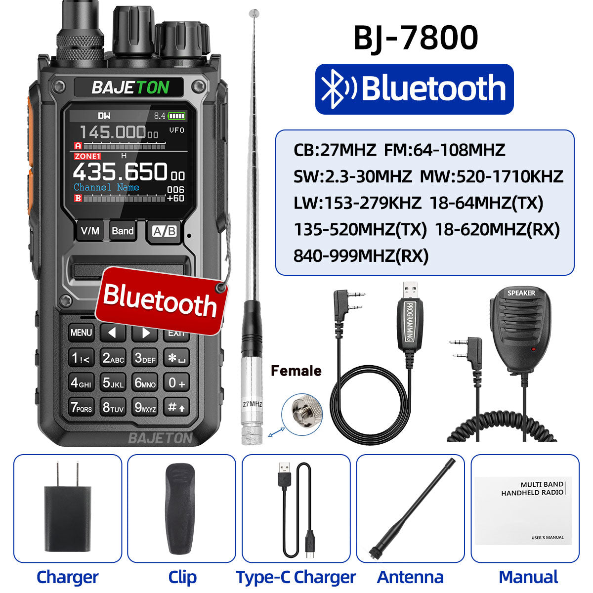 BAJETON BJ-7800 Walkie Talkie Long Range SW MW LW AM SSB CB 10W Receive Wireless Bluetooth Phone Programming NOAA Two Way Radio