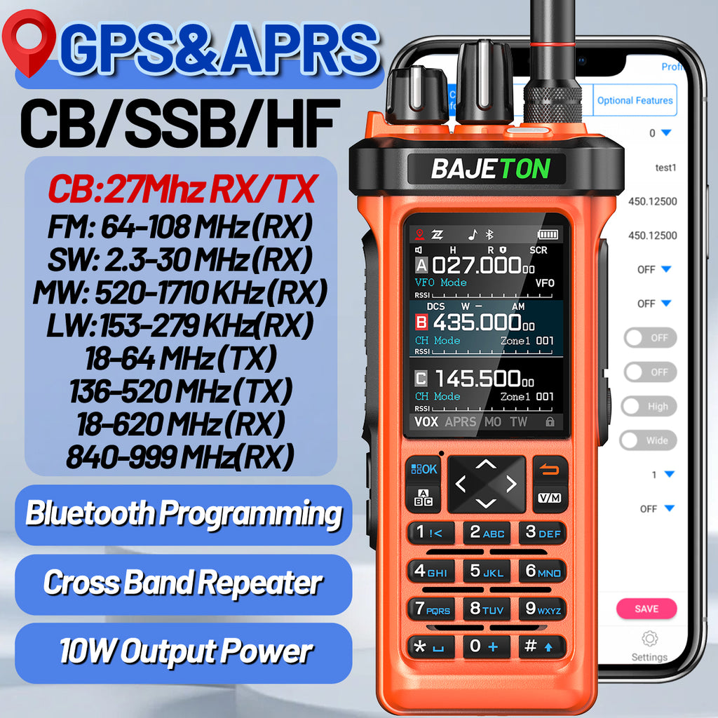 BAJETON BJ-9000(Orange) Walkie Talkie CB/SSB/RX/HF Receiver with GPS APRS 10W Bluetooth Phone Programming Same RT-950 PRO RT -950 Radio
