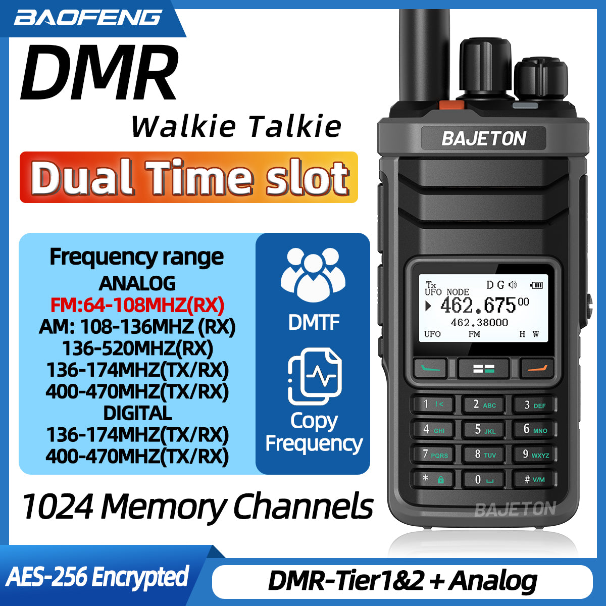 BAJETON DM-5000 DMR Walkie Talkie AES-256 Encryption Dual Time Slot Digital Analog SMS NOAA TYPE-C Charger For RT-4D Ham Radio