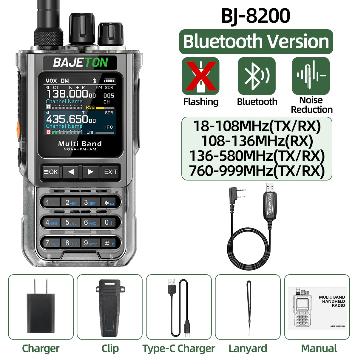BAJETON BJ-8200 Walkie Talkie Full Band Bluetooth Phone Programming Long Range 10W Tri Power NoAA Noise Reduction Ham Radio