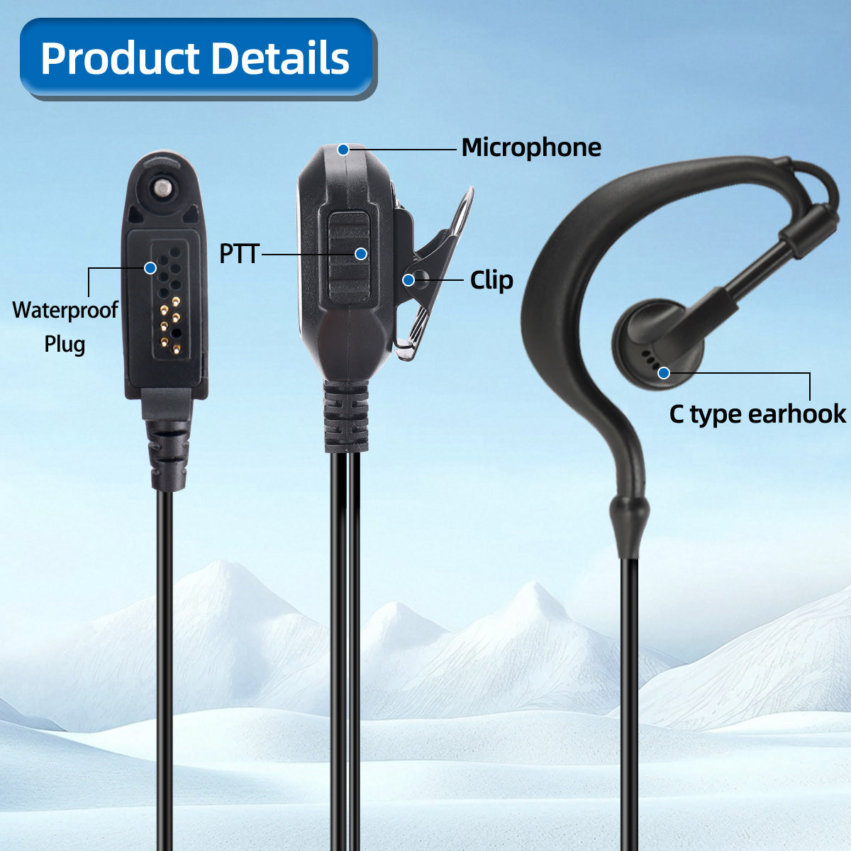 BAJETON Walkie Talkie Headphone Large PTT Button Mic Earpiece Headset Waterproof Plug Design For BJ-9000 RT-950 RT-950PRO Radio