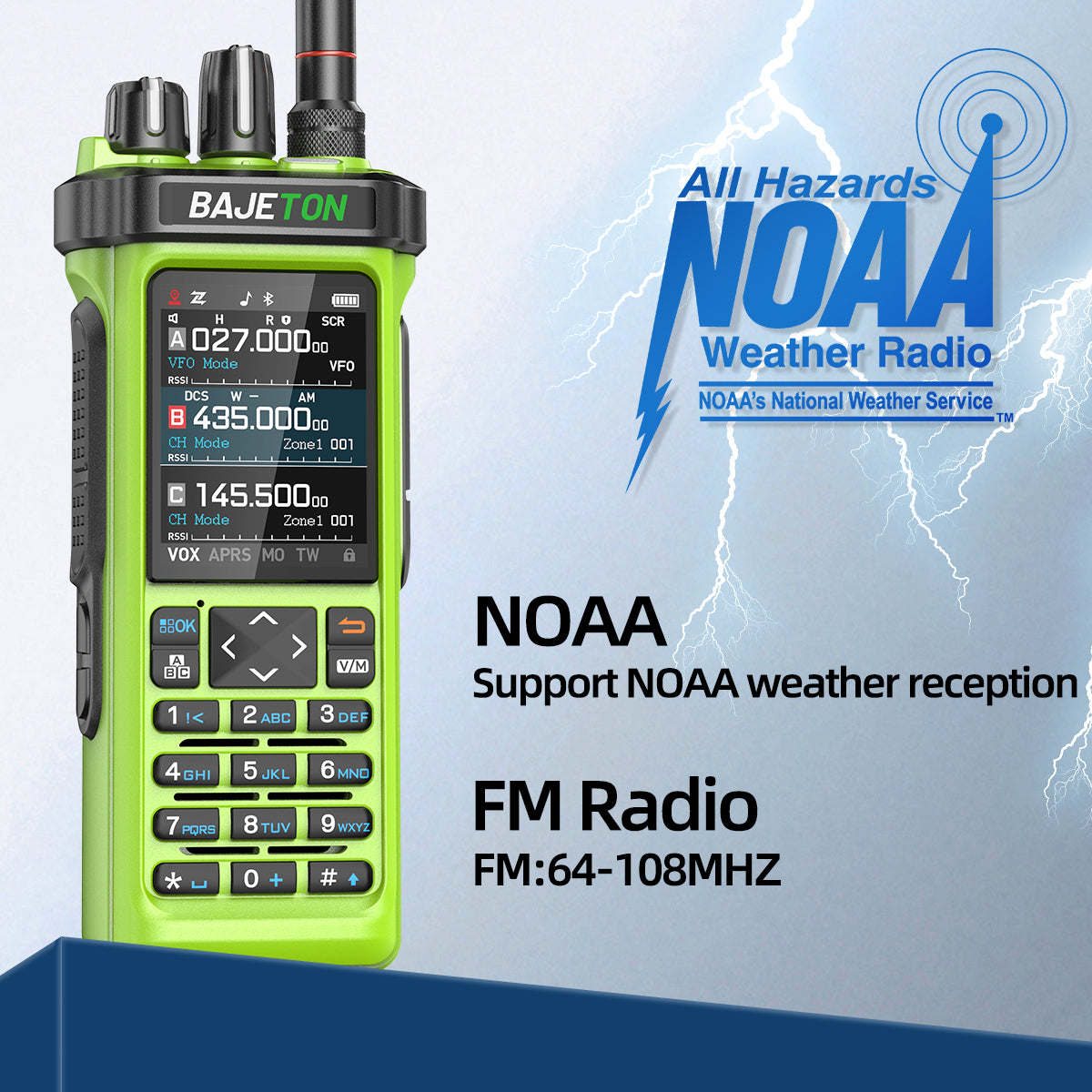 Bajeton BJ-9000 Green (27Mhz TX/RX) Walkie Talkie 10W AM/FM/USB/LSB/CW Receive GPS/APRS Bluetooth Phone Programming NOAA ShortWave Two Way Ham Radio