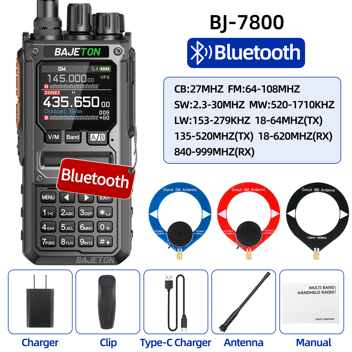 BAJETON BJ-7800 Walkie Talkie Long Range SW MW LW AM SSB CB 10W Receive Wireless Bluetooth Phone Programming NOAA Two Way Radio
