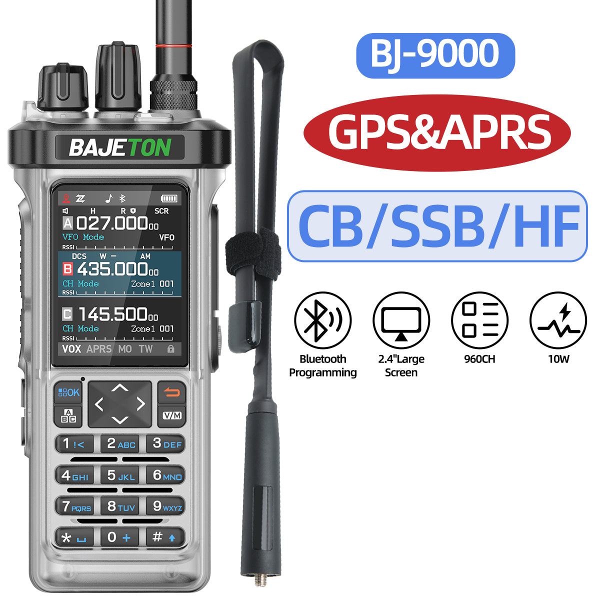 BAJETON BJ-9000(Transparent) GPS APRS Walkie Talkie 10W CB 27Mhz CB/SSB/HF Bluetooth Programming NOAA ShortWave For RT-950PRO RT-950 Radio