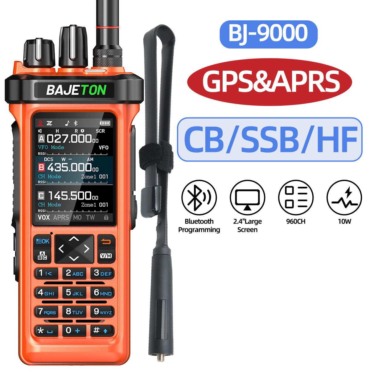 BAJETON BJ-9000(Orange) Walkie Talkie CB/SSB/RX/HF Receiver with GPS APRS 10W Bluetooth Phone Programming Same RT-950 PRO RT -950 Radio