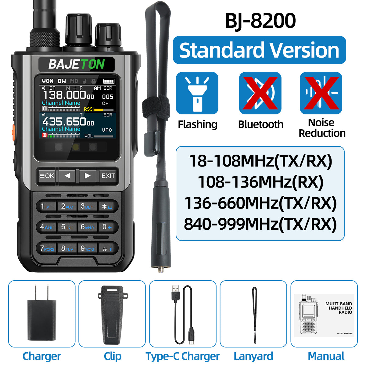 BAJETON BJ8200 Walkie Talkie Long Range Wireless Bluetooth Programming Type-c Flashlight Noise Reduction CB SW AM Ham Radio