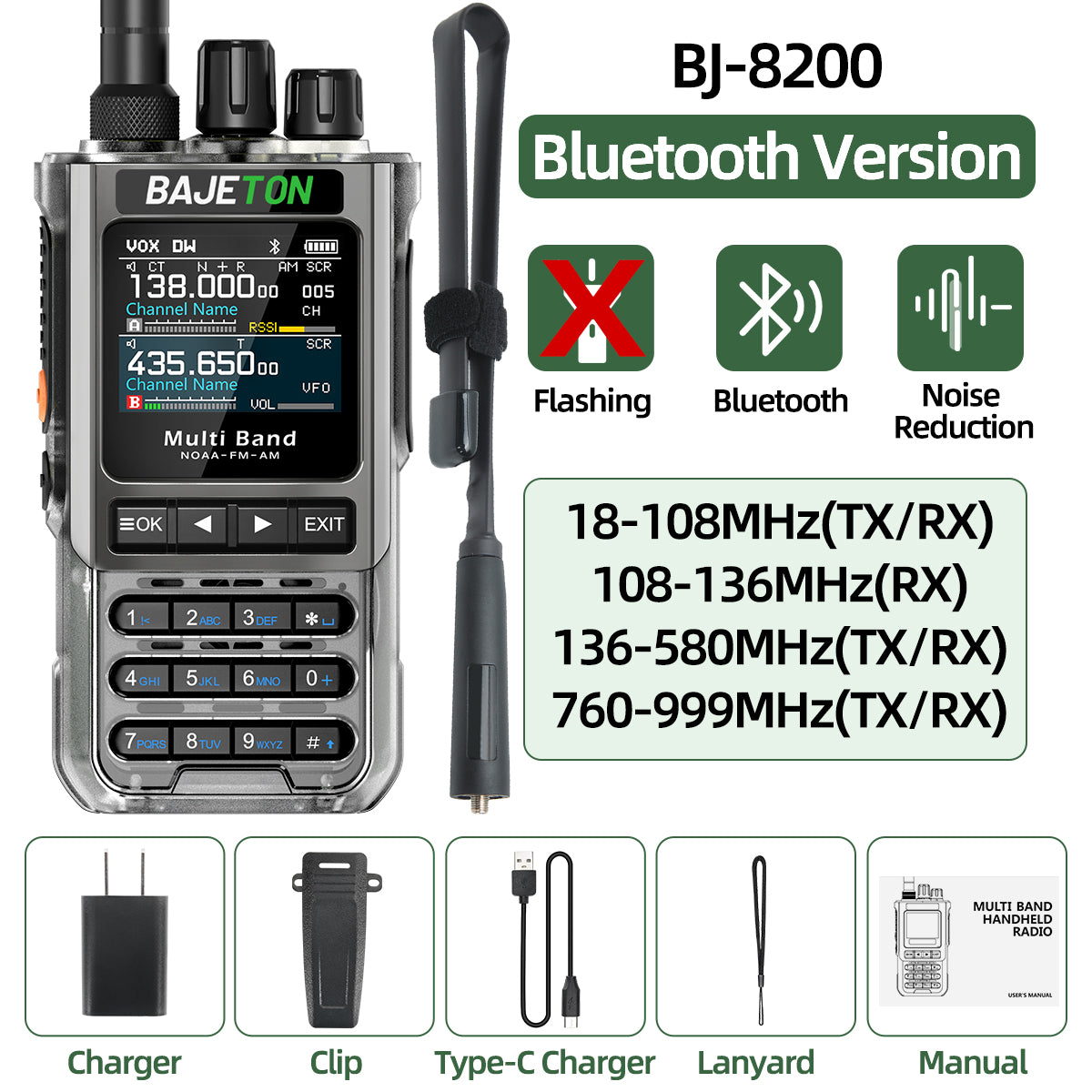 BAJETON BJ-8200 Walkie Talkie Full Band Bluetooth Phone Programming Long Range 10W Tri Power NoAA Noise Reduction Ham Radio