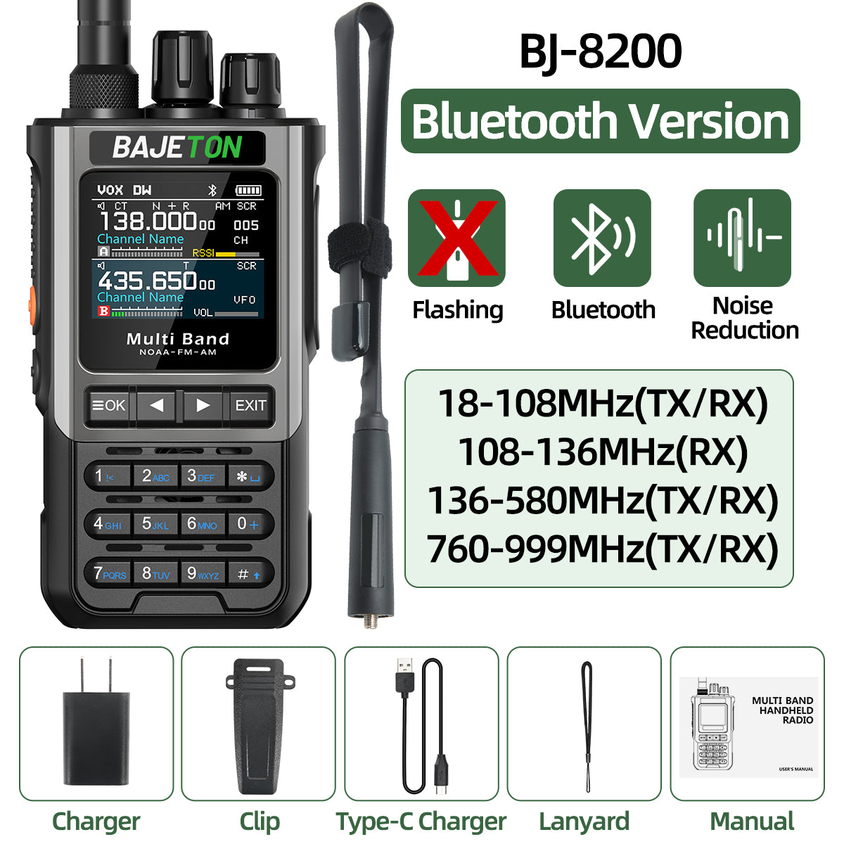 BAJETON BJ8200 Walkie Talkie Long Range Wireless Bluetooth Programming Type-c Flashlight Noise Reduction CB SW AM Ham Radio