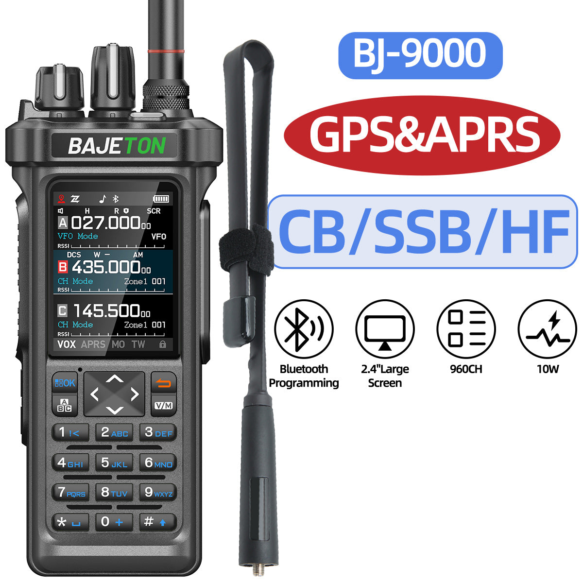 Bajeton BJ-9000 10W Ham Radio Walkie Talkie – 27MHz(RX/TX), AM/FM/USB/LSB/CW, GPS, APRS, Bluetooth, NOAA Weather Radio, Shortwave