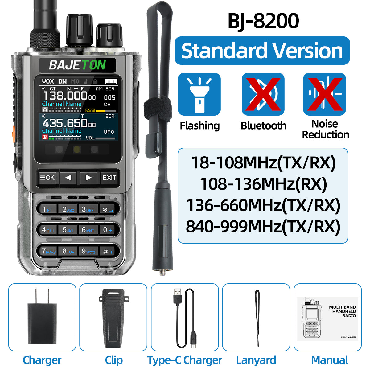 BAJETON BJ-8200 Walkie Talkie Full Band Bluetooth Phone Programming Long Range 10W Tri Power NoAA Noise Reduction Ham Radio