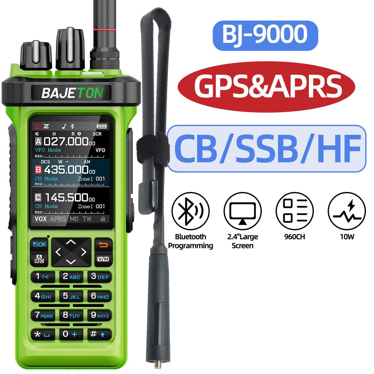 Bajeton BJ-9000 Green (27Mhz TX/RX) Walkie Talkie 10W AM/FM/USB/LSB/CW Receive GPS/APRS Bluetooth Phone Programming NOAA ShortWave Two Way Ham Radio