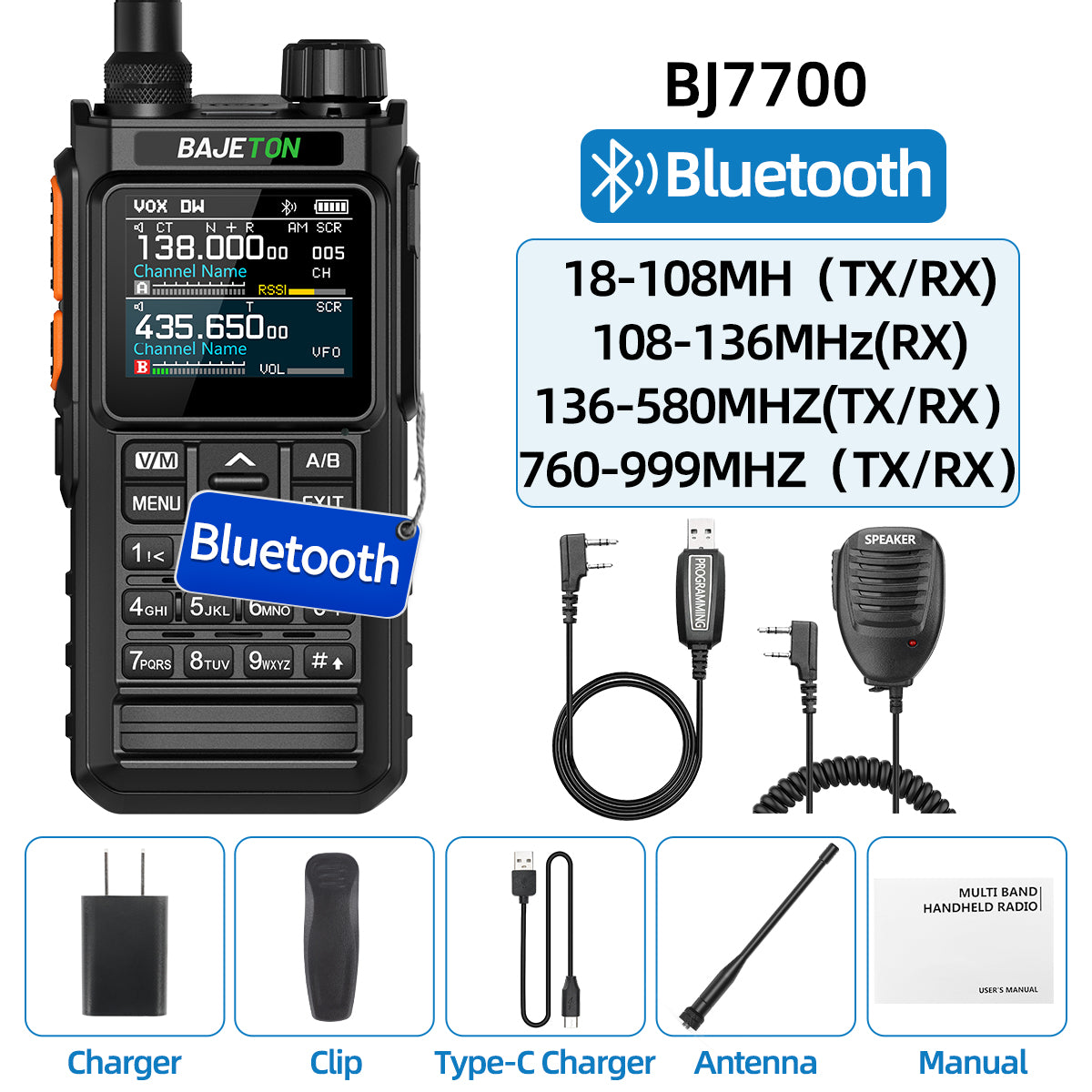 BAJETON BJ7700 Walkie Talkie Multi Band Wireless Bluetooth Phone Programming Noise Reduction AM FM Ham Radio For Camping BJ8200