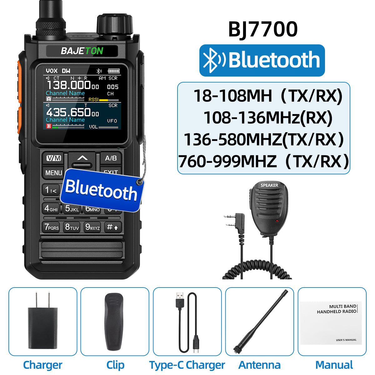 BAJETON BJ7700 Walkie Talkie Multi Band Wireless Bluetooth Phone Programming Noise Reduction AM FM Ham Radio For Camping BJ8200