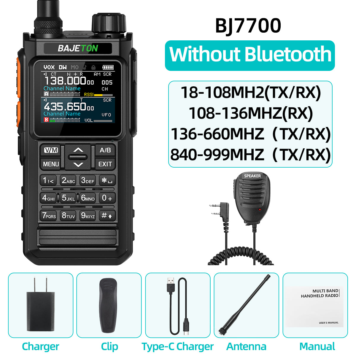 BAJETON BJ7700 Walkie Talkie Multi Band Wireless Bluetooth Phone Programming Noise Reduction AM FM Ham Radio For Camping BJ8200