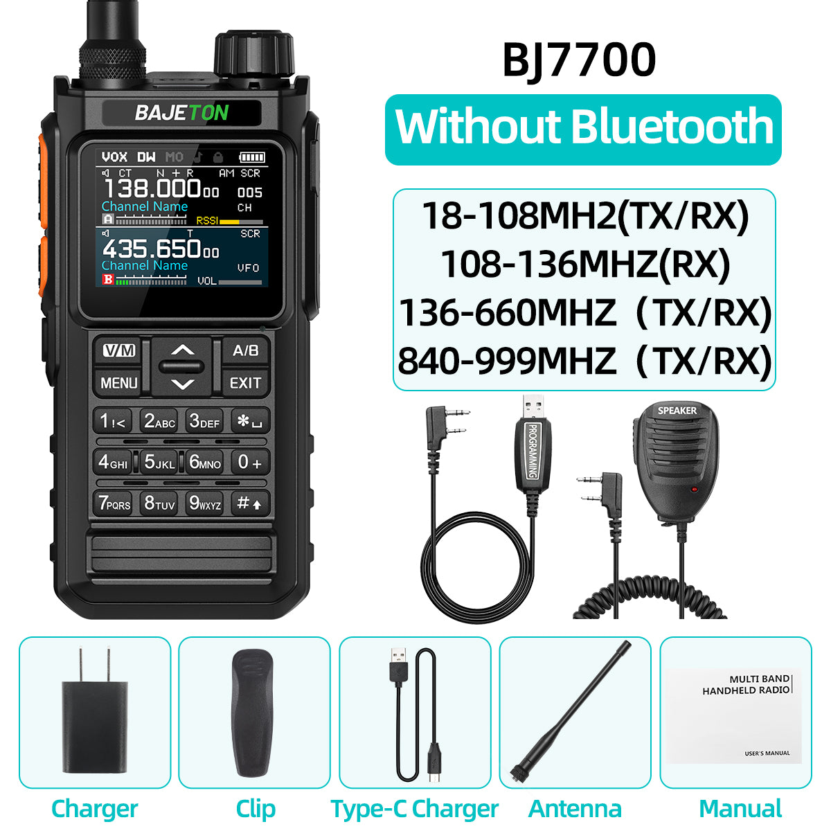 BAJETON BJ7700 Walkie Talkie Multi Band Wireless Bluetooth Phone Programming Noise Reduction AM FM Ham Radio For Camping BJ8200