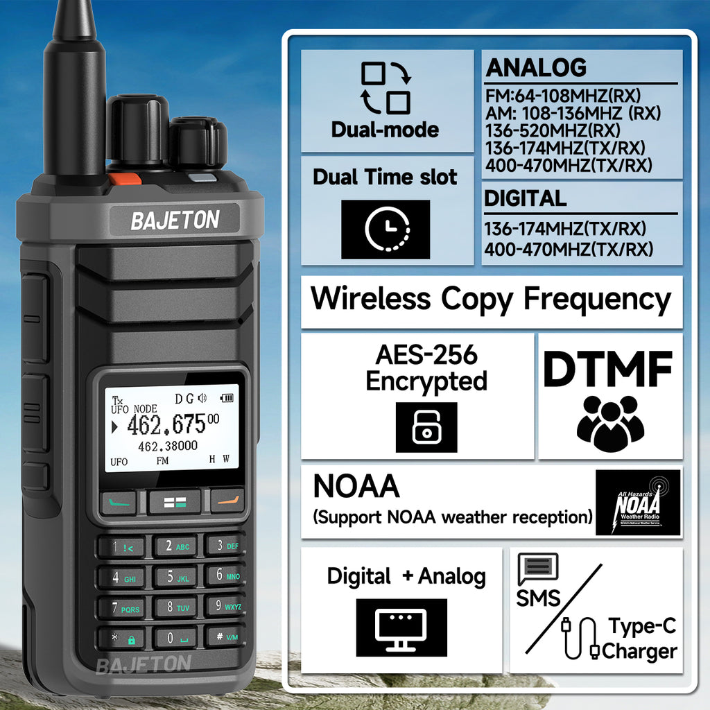 BAJETON DM-5000 DMR Walkie Talkie AES-256 Encryption Dual Time Slot Digital Analog SMS NOAA TYPE-C Charger For RT-4D Ham Radio