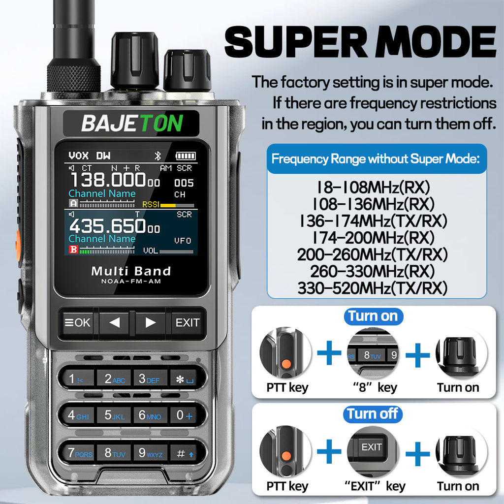 BAJETON BJ-8200 Walkie Talkie Full Band Bluetooth Phone Programming Long Range 10W Tri Power NoAA Noise Reduction Ham Radio