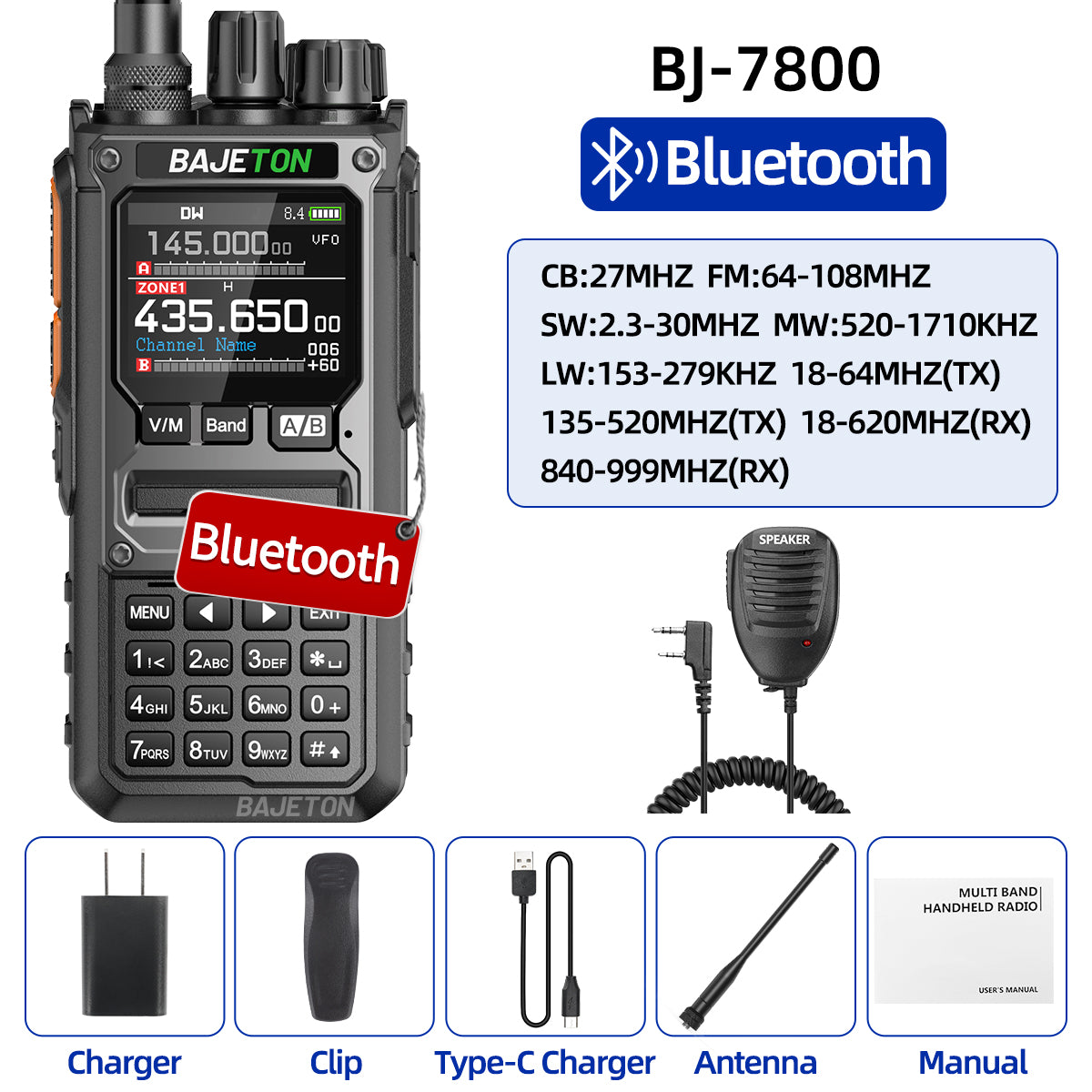 BAJETON BJ-7800 Walkie Talkie Long Range SW MW LW AM SSB CB 10W Receive Wireless Bluetooth Phone Programming NOAA Two Way Radio