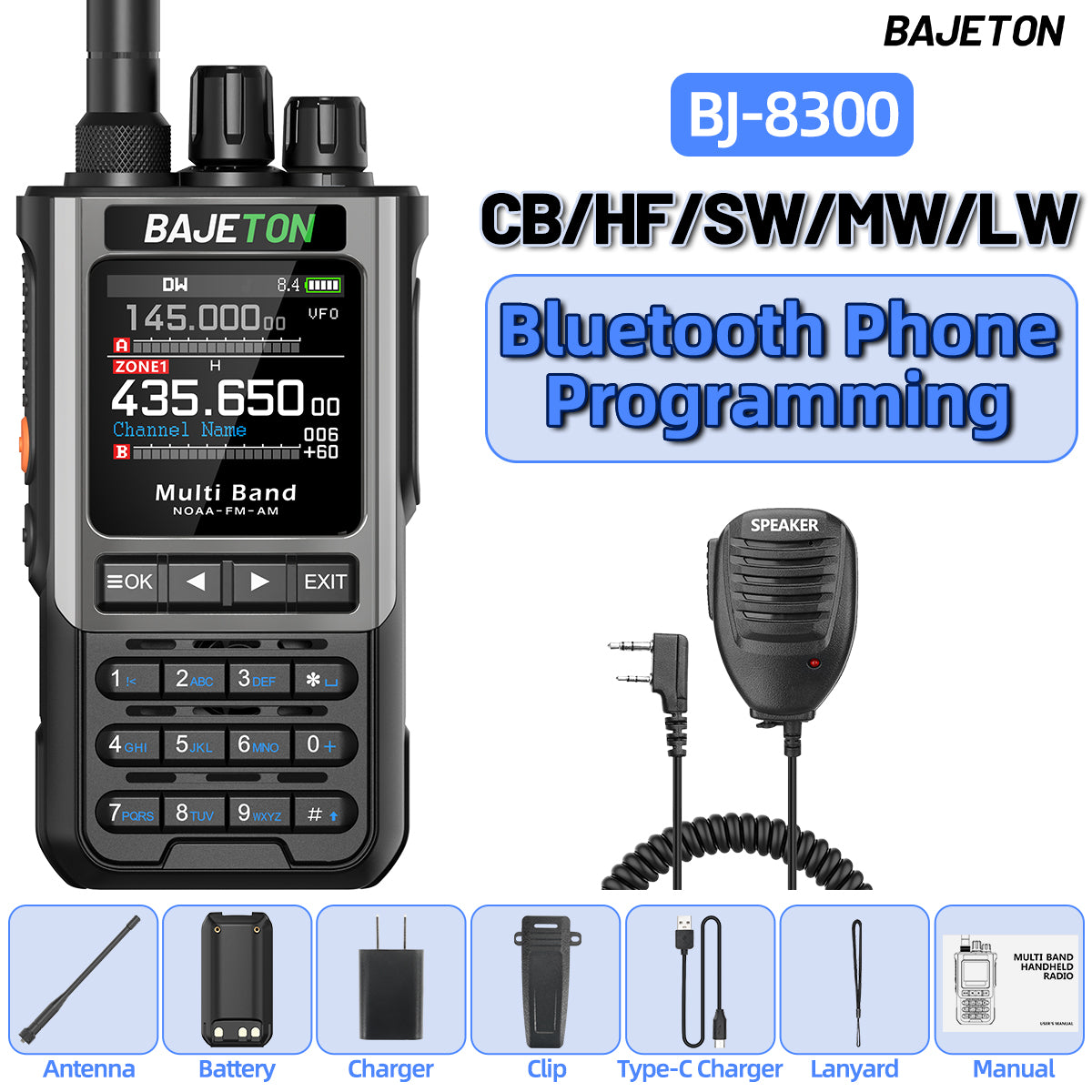 BAJETON BJ-8300 Ham Radio SW AM SSB CB Amateur Wireless Bluetooth Phone Programming Walkie Talkie NOAA Handheld Two Way Radio