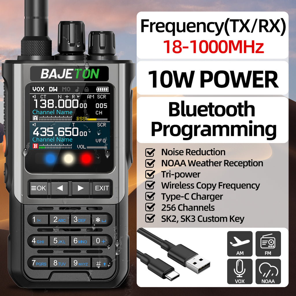 BAJETON BJ8200 Walkie Talkie Long Range Wireless Bluetooth Programming Type-c Flashlight Noise Reduction CB SW AM Ham Radio