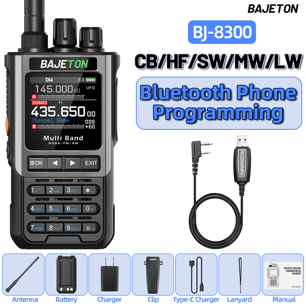 BAJETON BJ-8300 Ham Radio SW AM SSB CB Amateur Wireless Bluetooth Phone Programming Walkie Talkie NOAA Handheld Two Way Radio