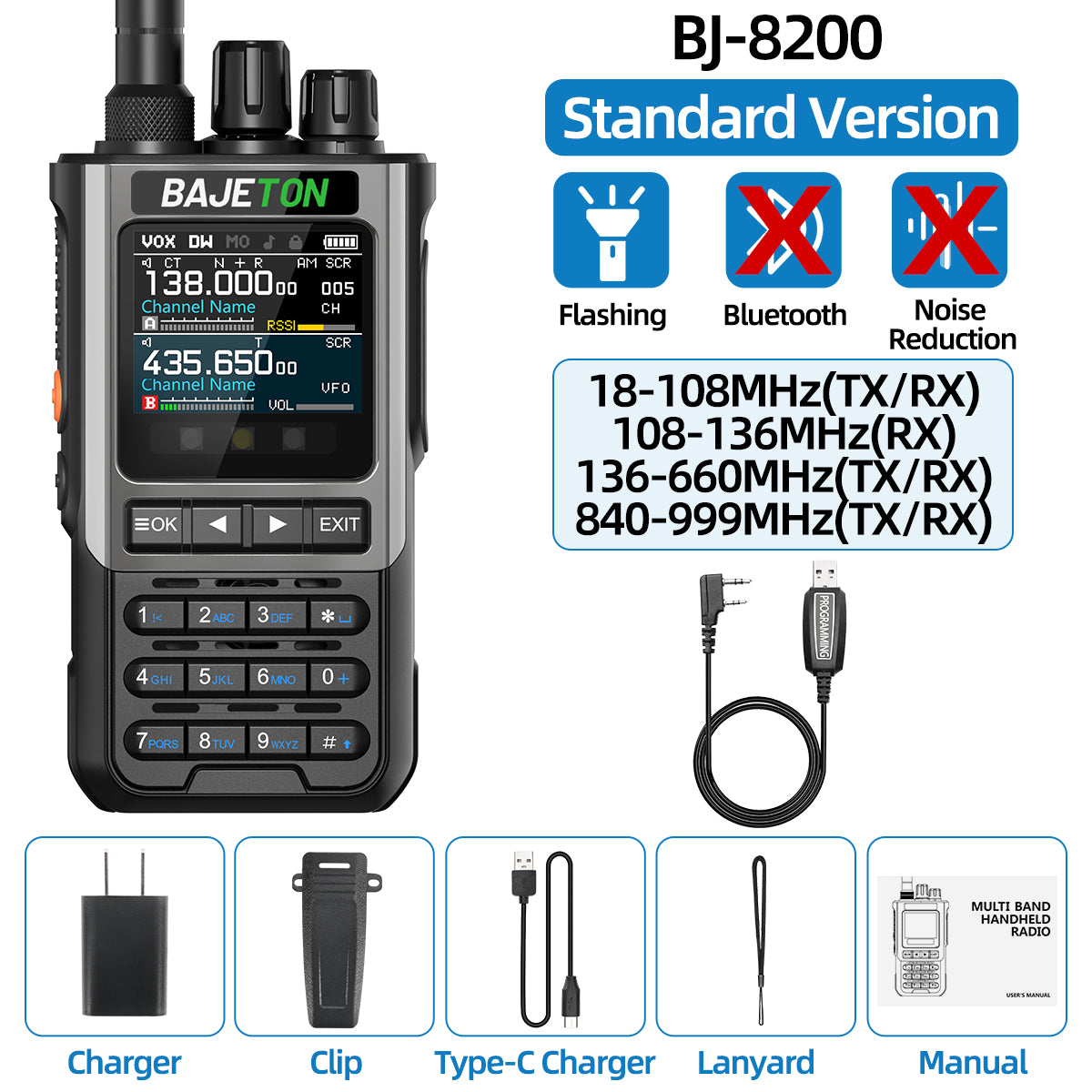 BAJETON BJ8200 Walkie Talkie Long Range Wireless Bluetooth Programming Type-c Flashlight Noise Reduction CB SW AM Ham Radio