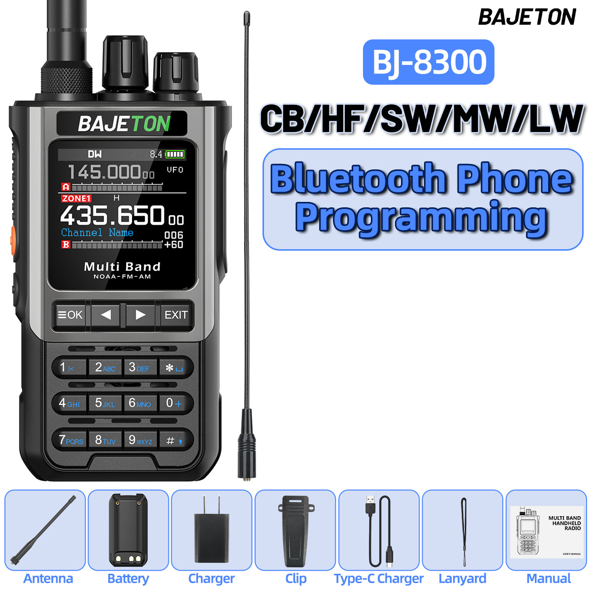BAJETON BJ-8300 Ham Radio SW AM SSB CB Amateur Wireless Bluetooth Phone Programming Walkie Talkie NOAA Handheld Two Way Radio