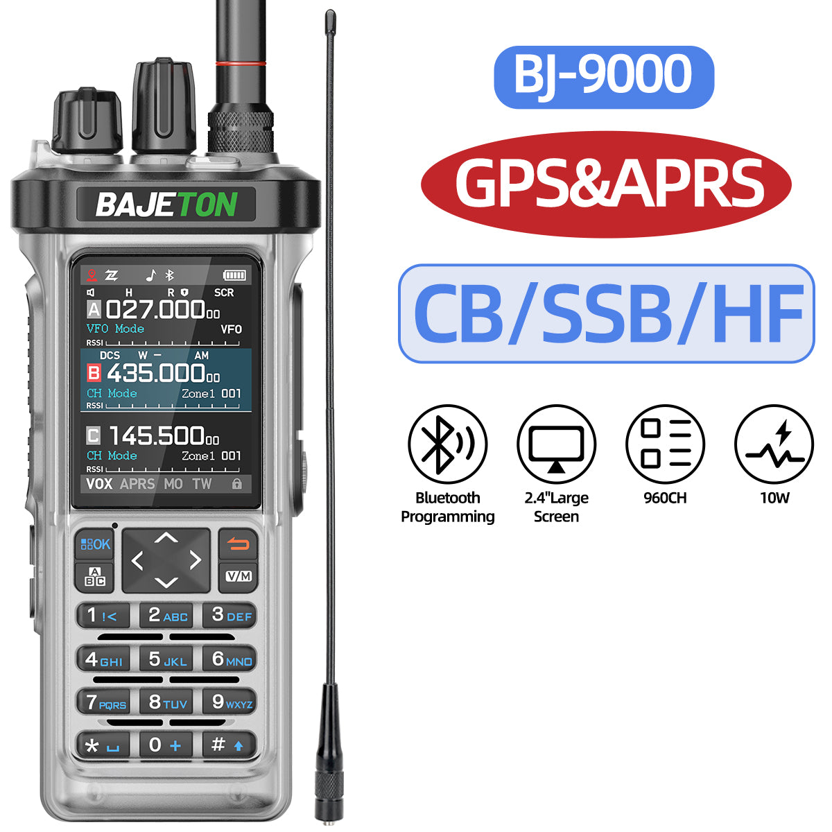 BAJETON BJ-9000(Transparent) GPS APRS Walkie Talkie 10W CB 27Mhz CB/SSB/HF Bluetooth Programming NOAA ShortWave For RT-950PRO RT-950 Radio