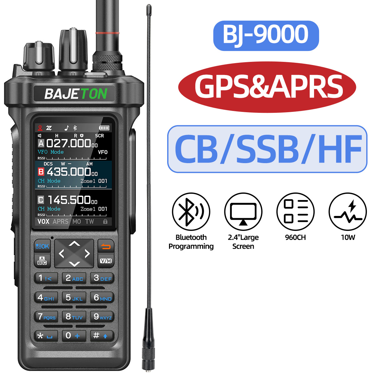 Bajeton BJ-9000 10W Ham Radio Walkie Talkie – 27MHz(RX/TX), AM/FM/USB/LSB/CW, GPS, APRS, Bluetooth, NOAA Weather Radio, Shortwave
