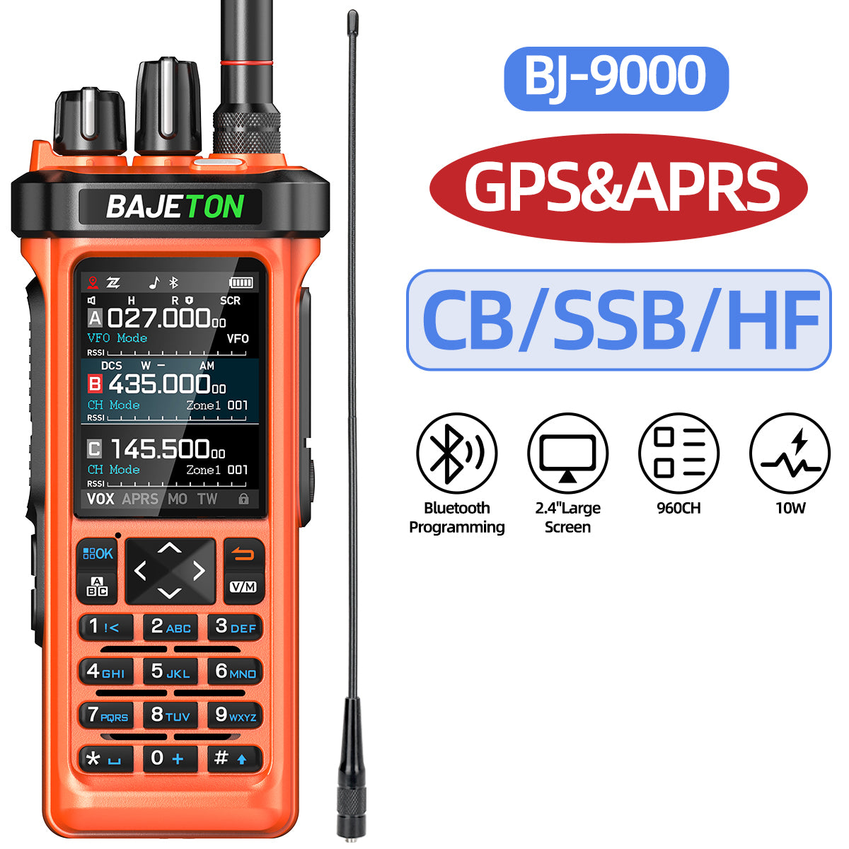 BAJETON BJ-9000(Orange) Walkie Talkie CB/SSB/RX/HF Receiver with GPS APRS 10W Bluetooth Phone Programming Same RT-950 PRO RT -950 Radio