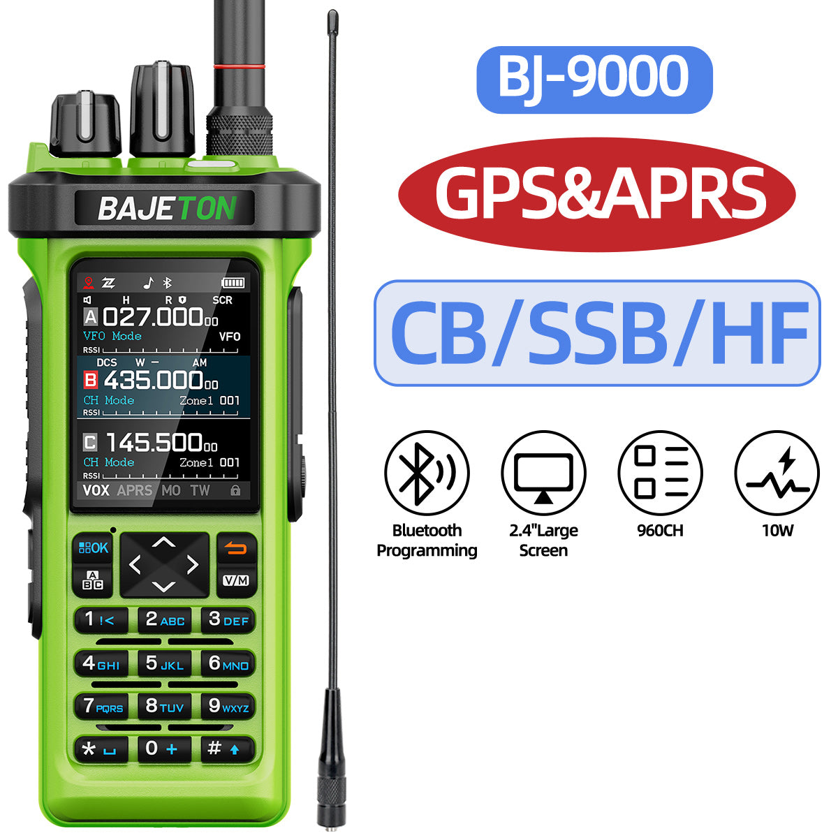 Bajeton BJ-9000 Green (27Mhz TX/RX) Walkie Talkie 10W AM/FM/USB/LSB/CW Receive GPS/APRS Bluetooth Phone Programming NOAA ShortWave Two Way Ham Radio