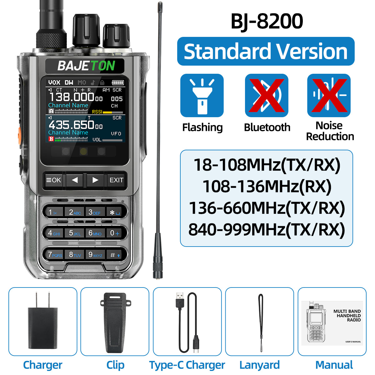 BAJETON BJ-8200 Walkie Talkie Full Band Bluetooth Phone Programming Long Range 10W Tri Power NoAA Noise Reduction Ham Radio
